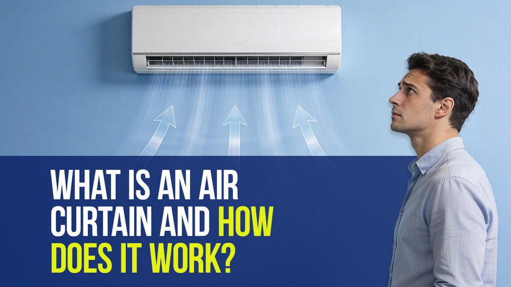 Air curtain installed above doorway creating invisible air barrier to block dust and insects.