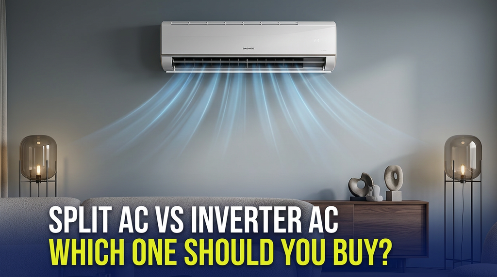 Split AC vs Inverter AC comparison showing modern air conditioners for home cooling and energy efficiency.