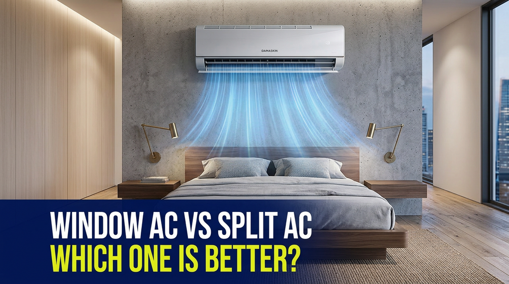 Window AC vs Split AC comparison showing both air conditioners in a modern home setting for cooling efficiency.