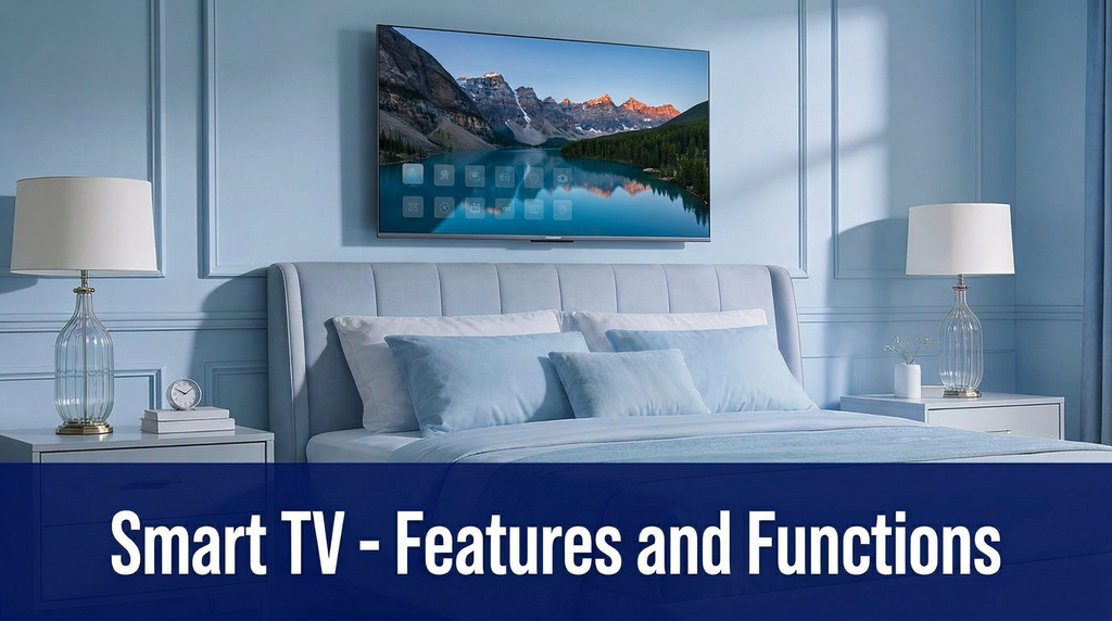 Modern smart TV showcasing streaming apps, voice control, and advanced features in a stylish living room.