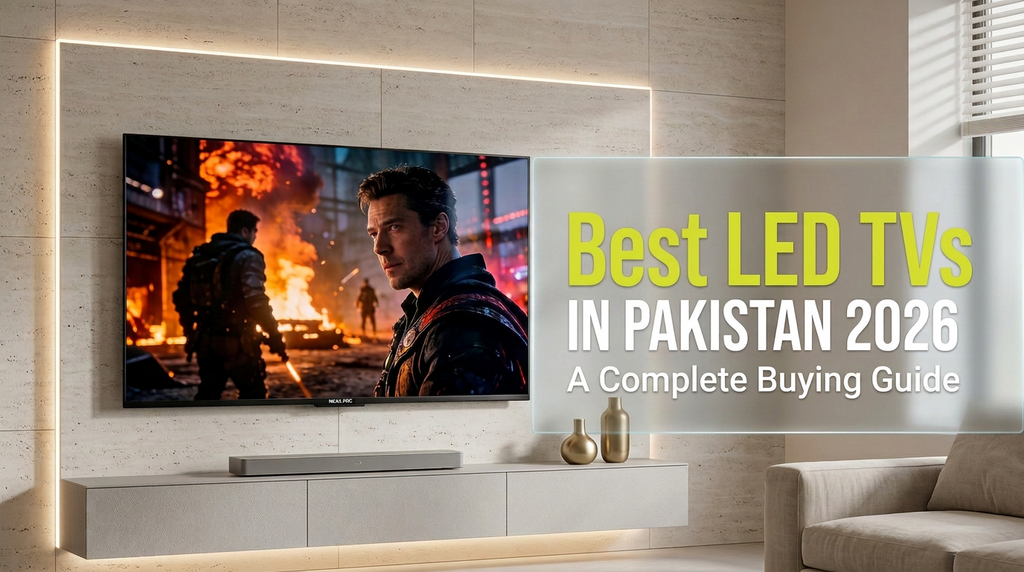 Best LED TVs in Pakistan 2026 buying guide featuring modern smart TVs in a stylish living room.