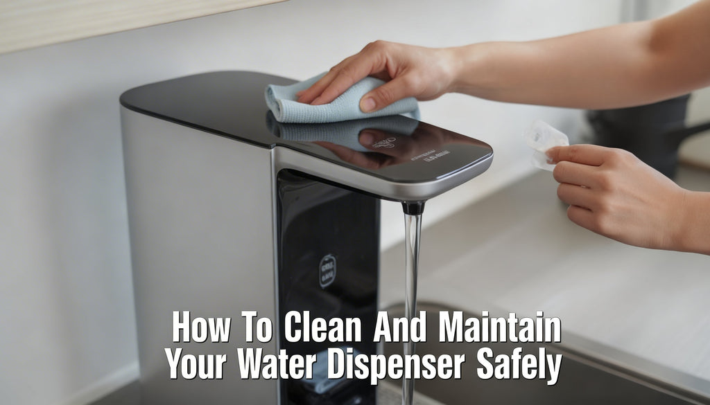 Person cleaning and maintaining a water dispenser safely at home or office ensuring hygiene, clean water flow, and proper appliance care.